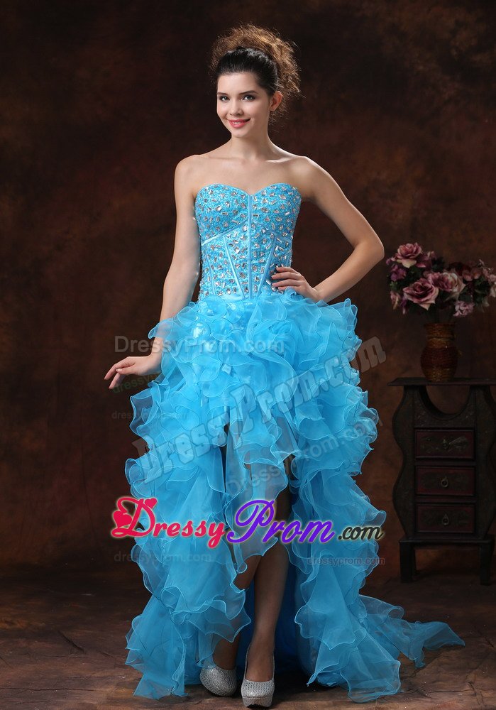 High-low Aqua Blue Prom Dress with Rhinestones Ruffled Layers