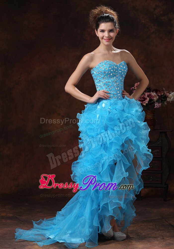 High-low Aqua Blue Prom Dress with Rhinestones Ruffled Layers
