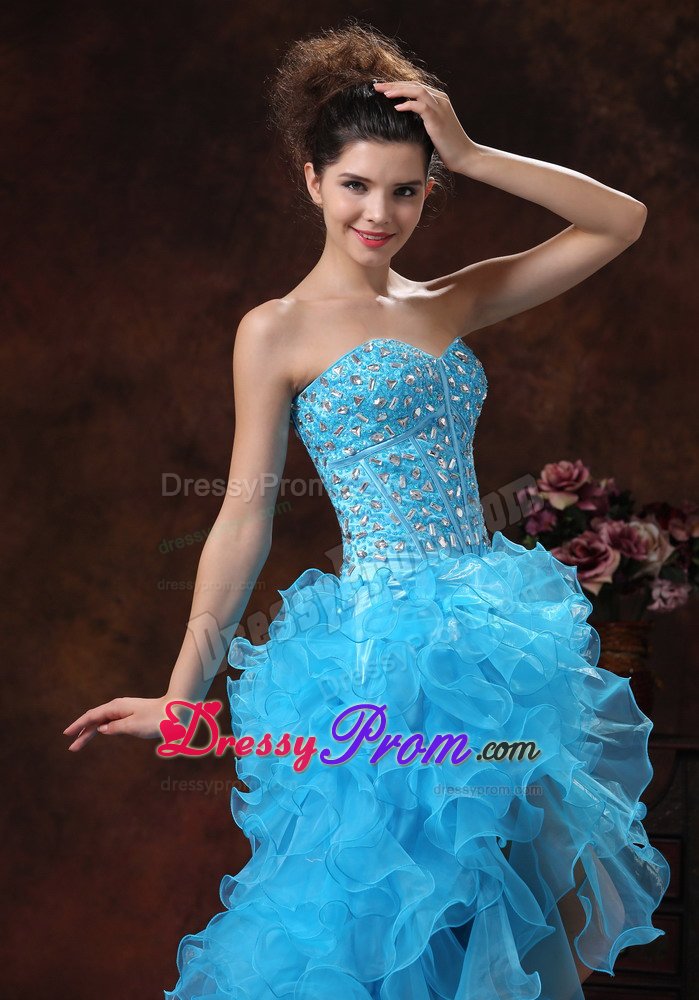 High-low Aqua Blue Prom Dress with Rhinestones Ruffled Layers