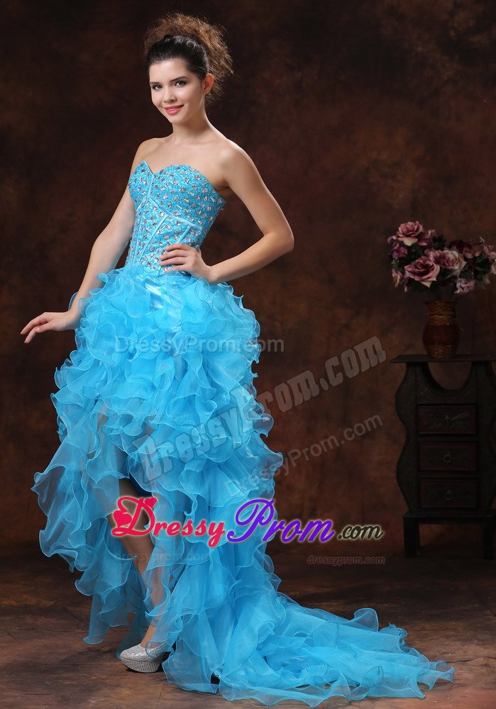 High-low Aqua Blue Prom Dress with Rhinestones Ruffled Layers