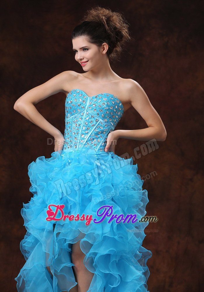 High-low Aqua Blue Prom Dress with Rhinestones Ruffled Layers