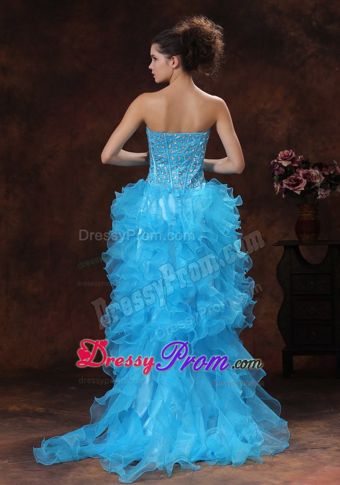 High-low Aqua Blue Prom Dress with Rhinestones Ruffled Layers