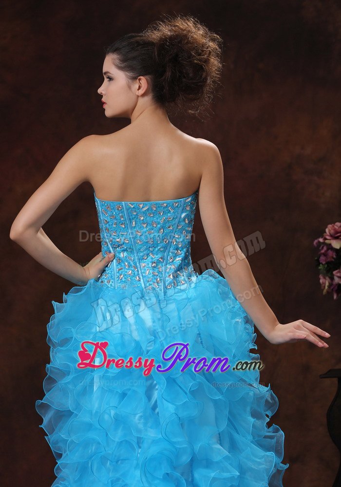 High-low Aqua Blue Prom Dress with Rhinestones Ruffled Layers