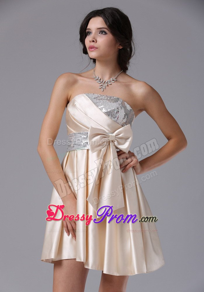 Strapless Sequin Bowknot Prom Dress for Girls in Champagne