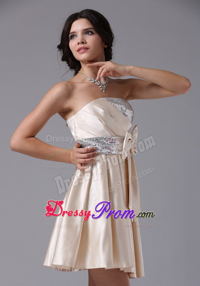 Strapless Sequin Bowknot Prom Dress for Girls in Champagne