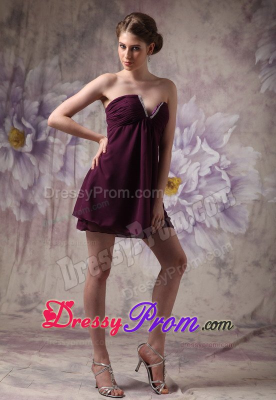 Modest V-neck Chiffon Beading Dark Purple Mini-length Prom Dress