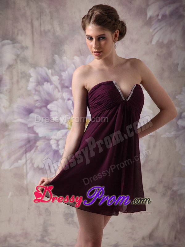 Modest V-neck Chiffon Beading Dark Purple Mini-length Prom Dress