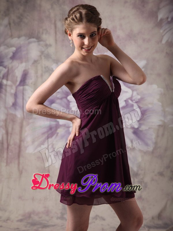 Modest V-neck Chiffon Beading Dark Purple Mini-length Prom Dress