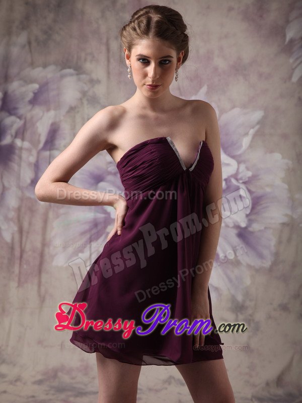 Modest V-neck Chiffon Beading Dark Purple Mini-length Prom Dress