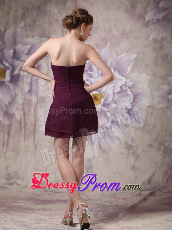 Modest V-neck Chiffon Beading Dark Purple Mini-length Prom Dress