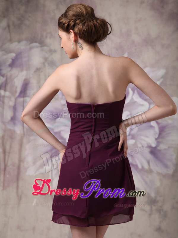 Modest V-neck Chiffon Beading Dark Purple Mini-length Prom Dress