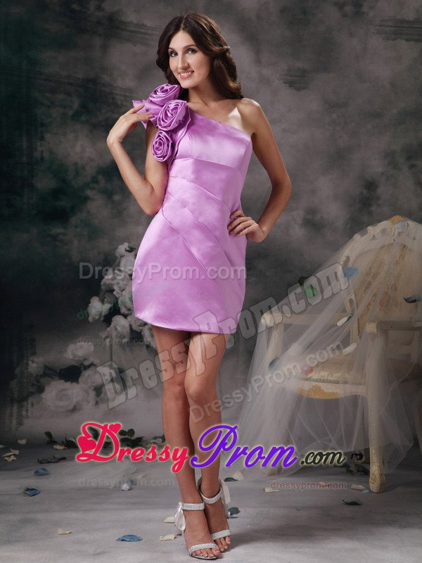 Satin One Shoulder Handmade Flowers Lavender Prom Dress