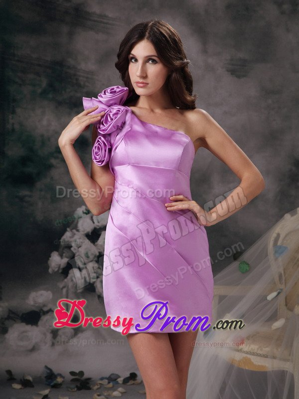 Satin One Shoulder Handmade Flowers Lavender Prom Dress