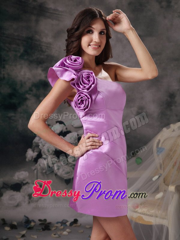 Satin One Shoulder Handmade Flowers Lavender Prom Dress