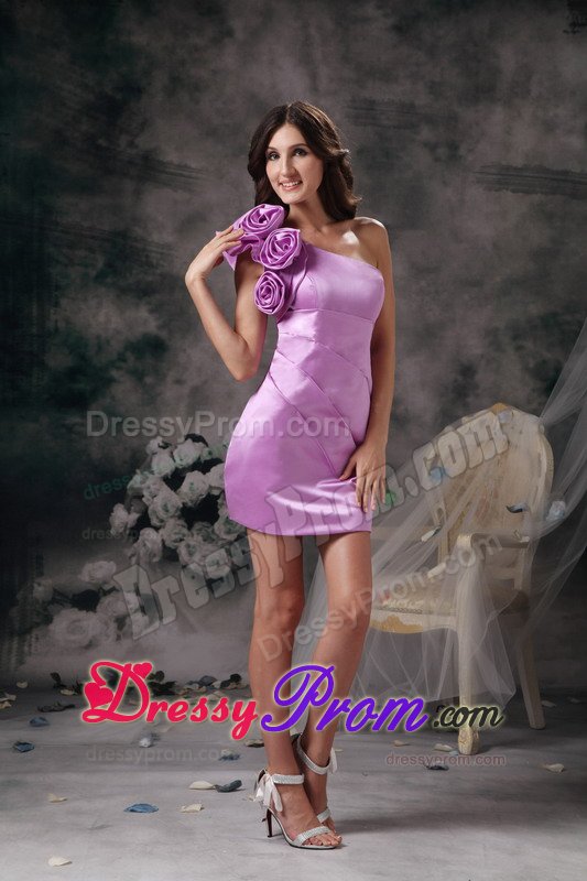 Satin One Shoulder Handmade Flowers Lavender Prom Dress
