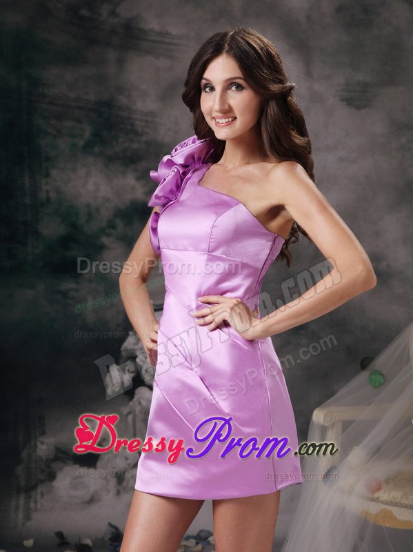 Satin One Shoulder Handmade Flowers Lavender Prom Dress