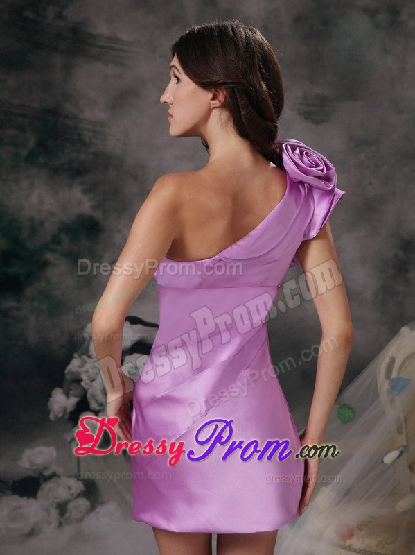 Satin One Shoulder Handmade Flowers Lavender Prom Dress
