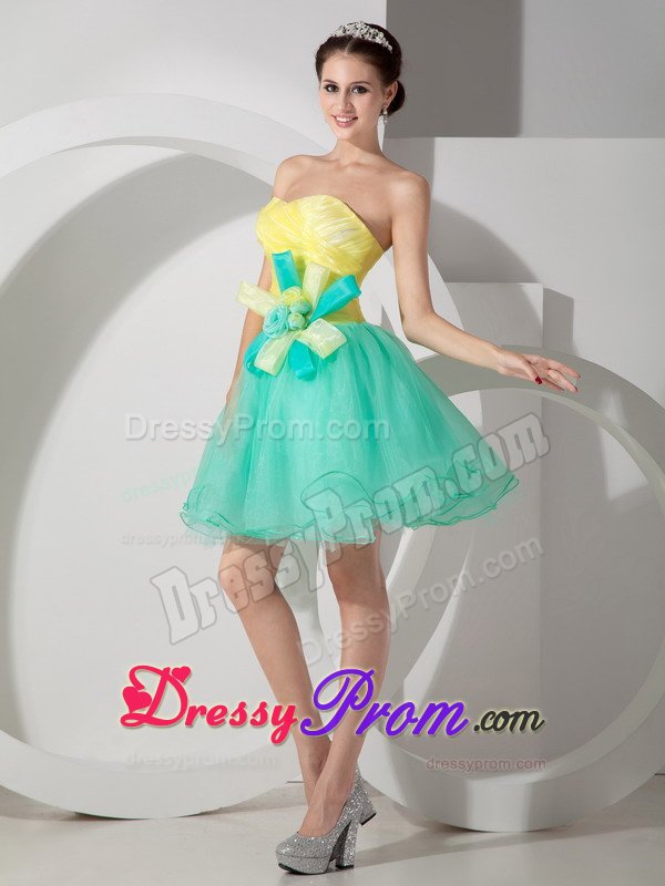 Girly Apple Green And Yellow Mini Prom Party Dress with Flower