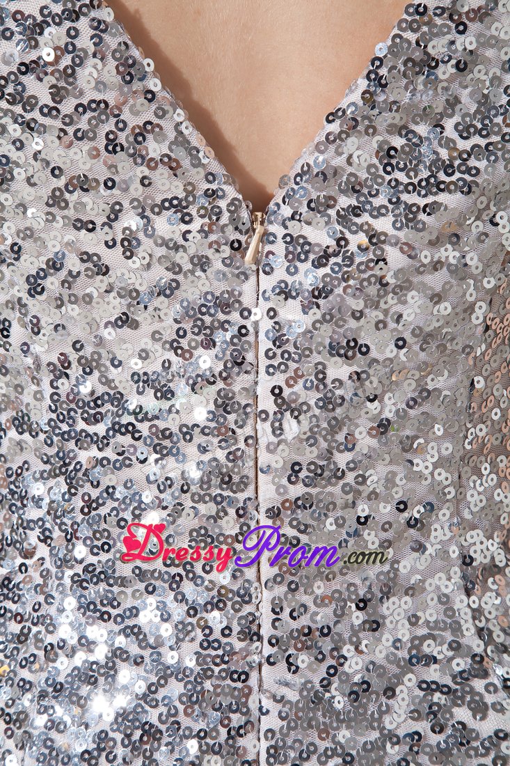 Shimmery V-neck Cap Sleeves Silver Sequin Prom Dress for Girls