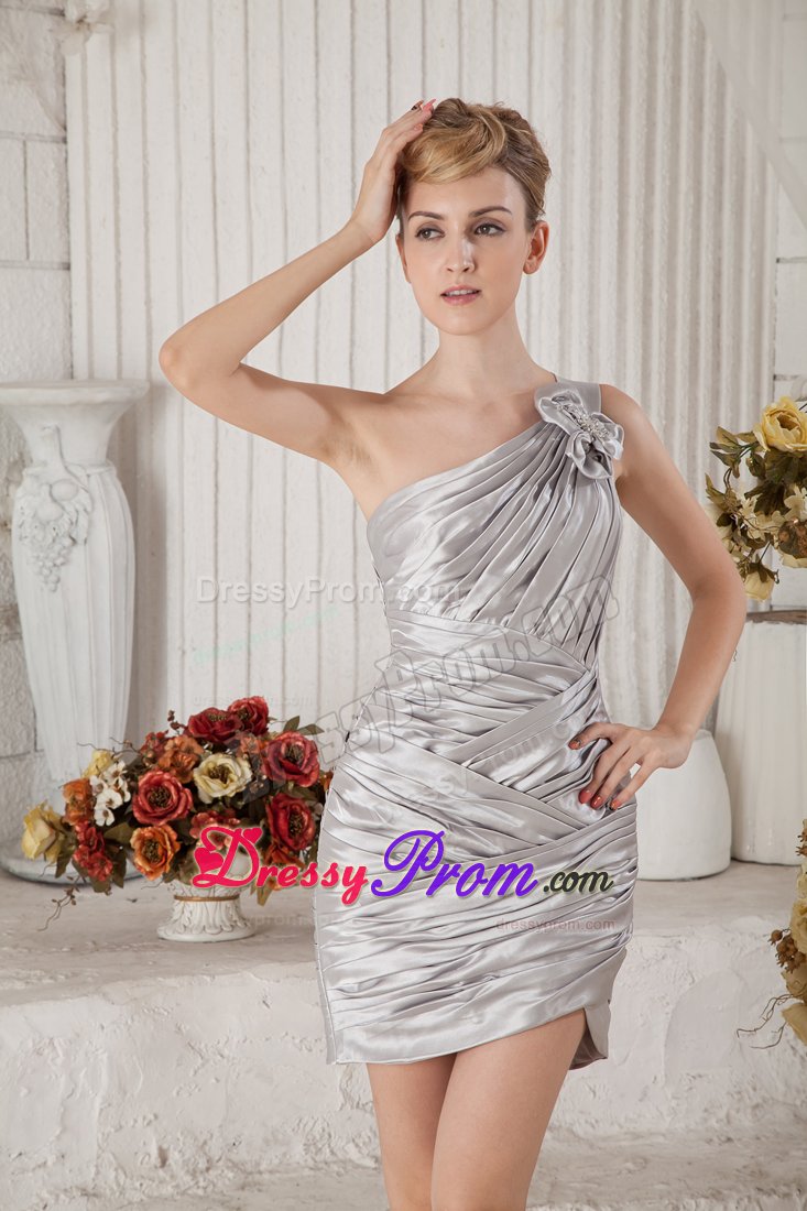 One Shoulder Ruched Gray Prom Nightclub Dress with Flower