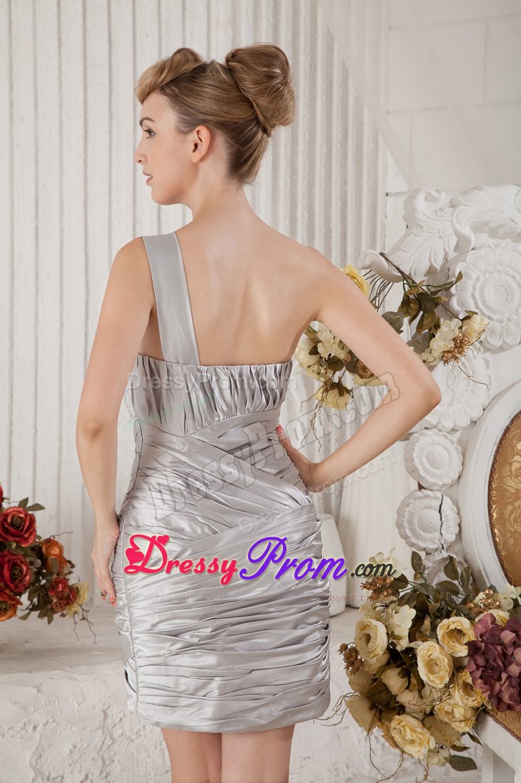 One Shoulder Ruched Gray Prom Nightclub Dress with Flower