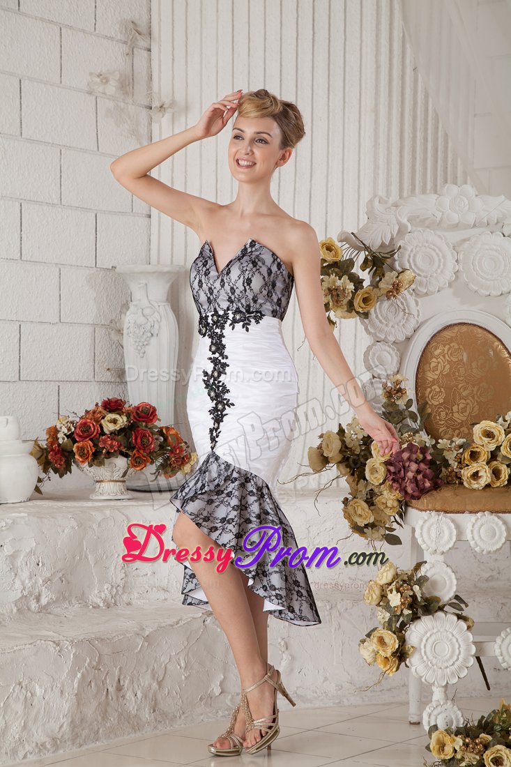Black and White Mermaid Sweetheart Tea-length Beading Prom Dress