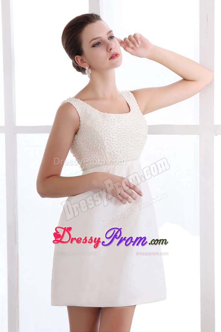 Cheap Square Neck Beaded White Prom Party Dress Mini-length