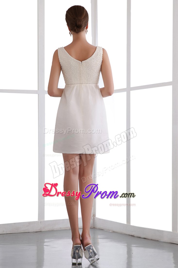 Cheap Square Neck Beaded White Prom Party Dress Mini-length