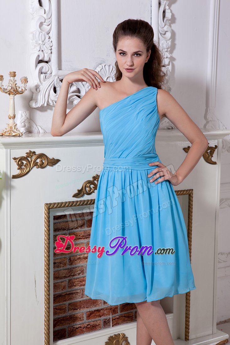 Aqua Blue One Shoulder Knee-length Chiffon Ruching Prom Dress