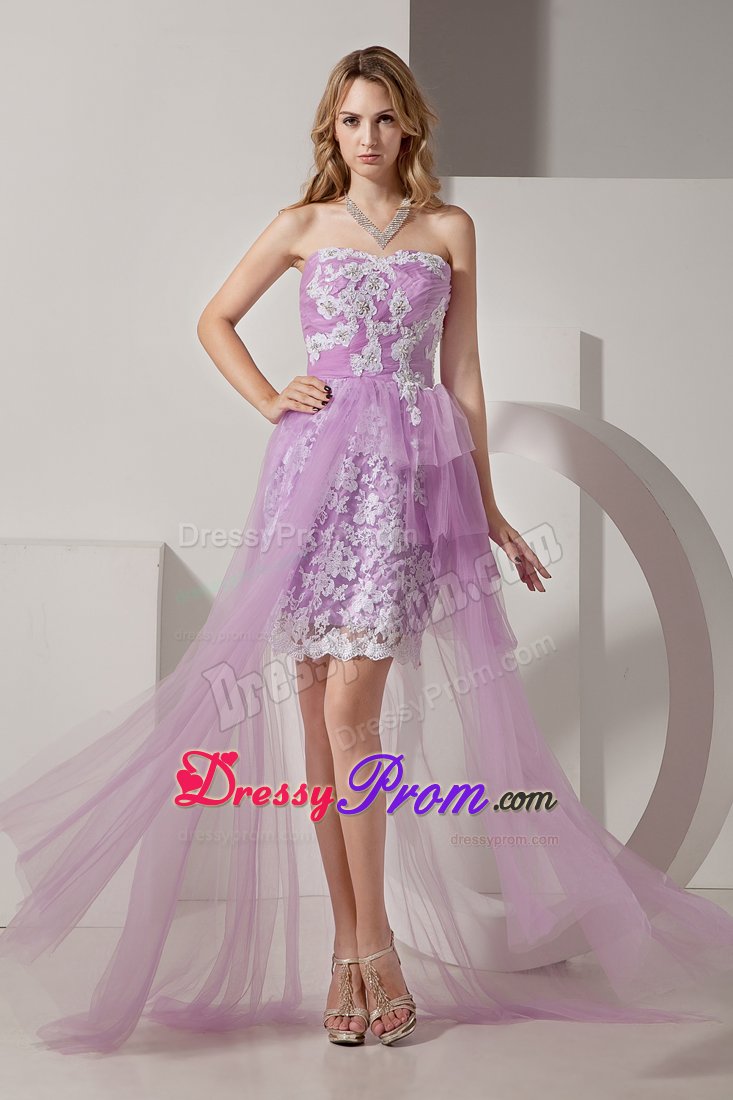 Lavender High-low Taffeta and Tulle Prom Dress with White Appliques