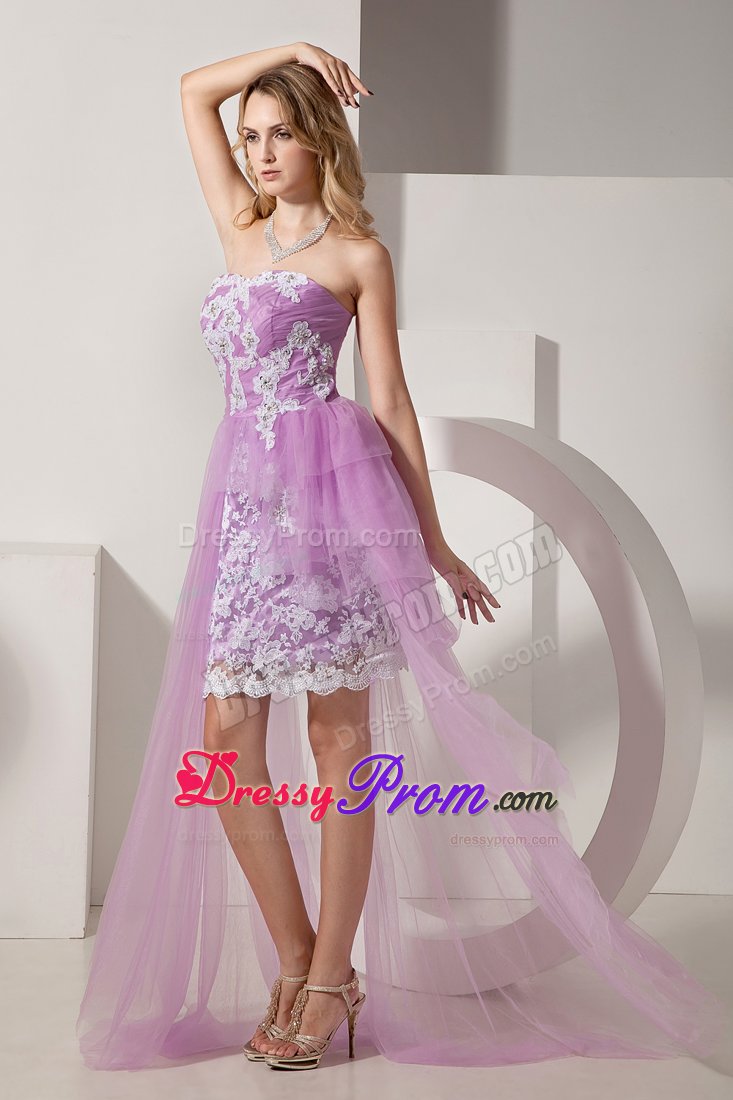 Lavender High-low Taffeta and Tulle Prom Dress with White Appliques