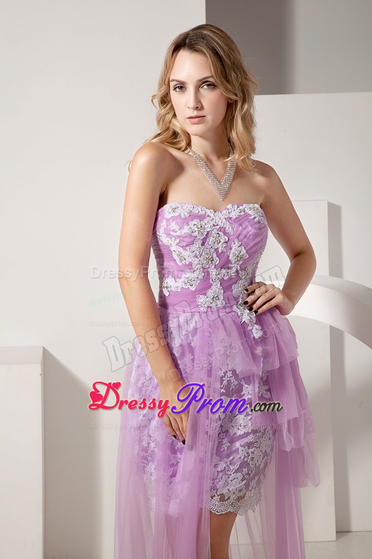 Lavender High-low Taffeta and Tulle Prom Dress with White Appliques