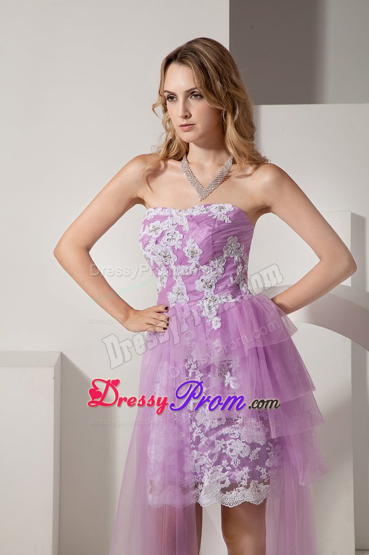 Lavender High-low Taffeta and Tulle Prom Dress with White Appliques