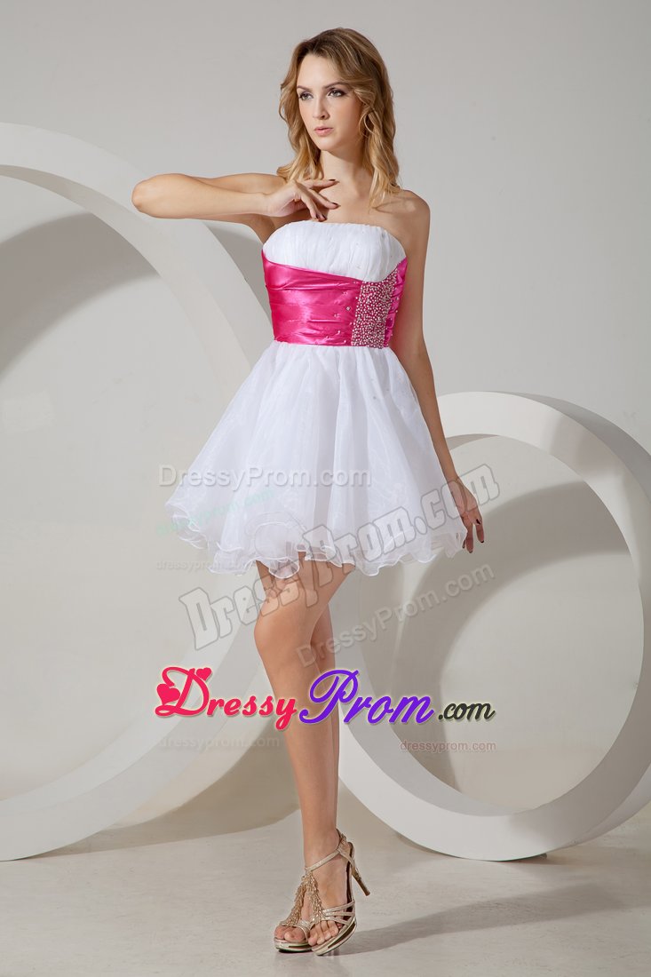 Hot pink Beading Wide Sash for White Cocktail Dress to Mini-length