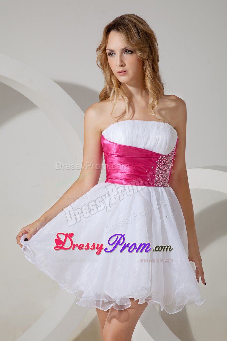 Hot pink Beading Wide Sash for White Cocktail Dress to Mini-length