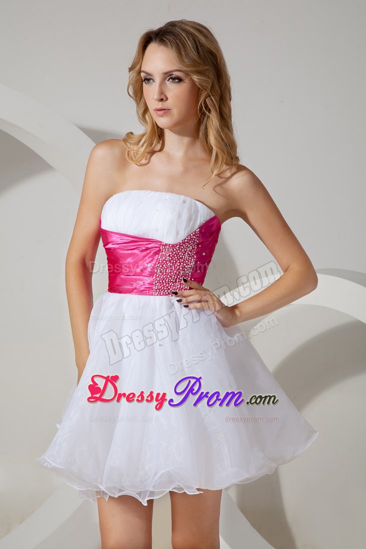 Hot pink Beading Wide Sash for White Cocktail Dress to Mini-length