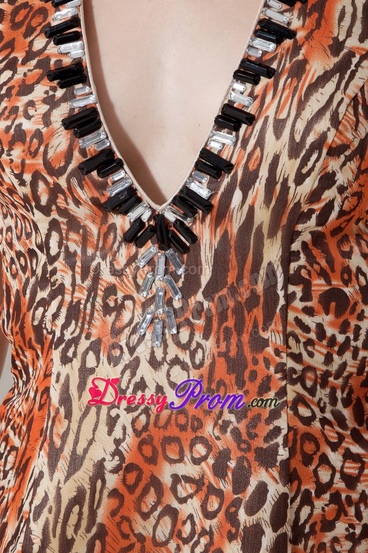 V-neck Leopard Print Mini Prom Gown Dress with The Back Out