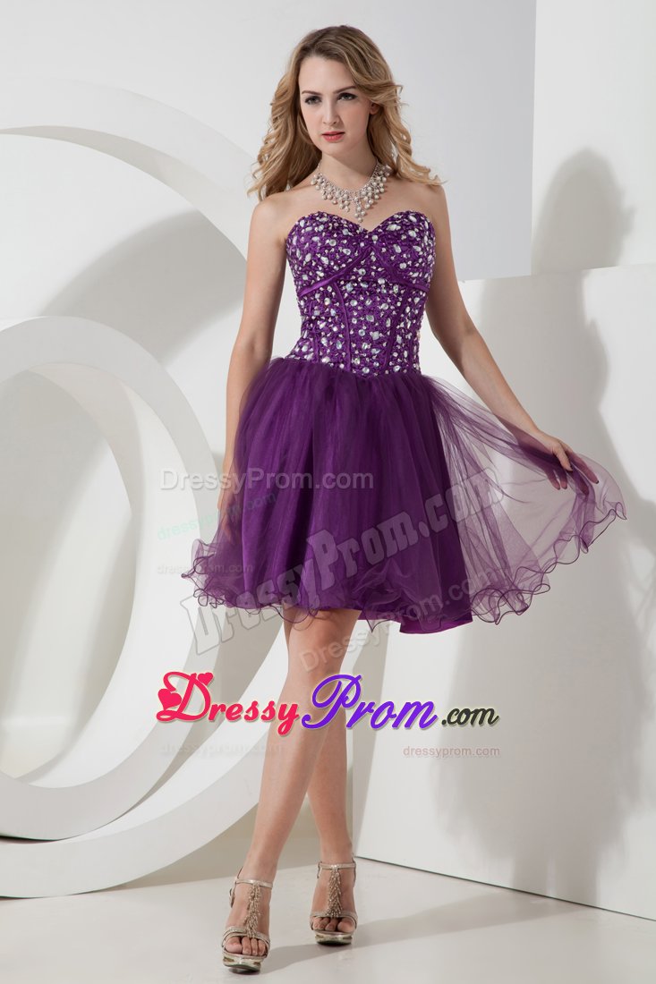 Purple A-line Short Prom Dress with Beading Bodice to Knee-length