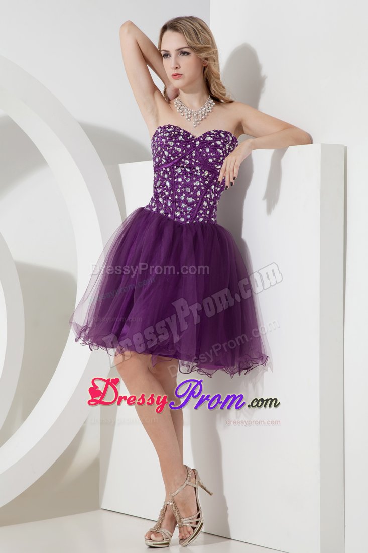 Purple A-line Short Prom Dress with Beading Bodice to Knee-length