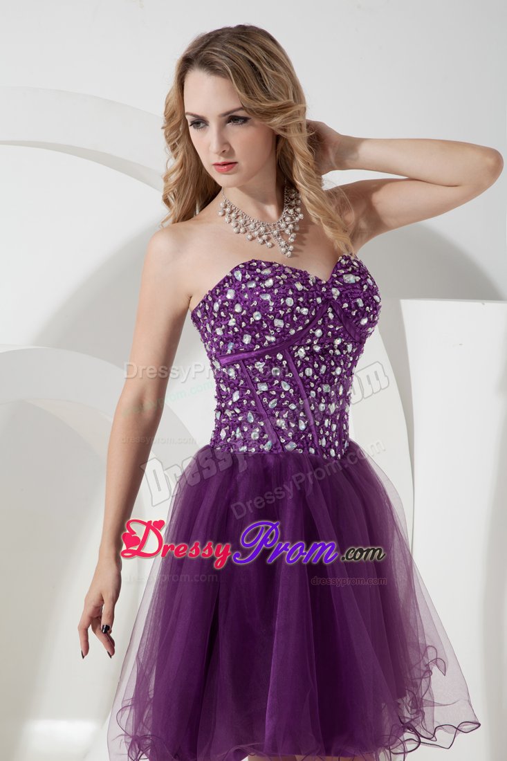 Purple A-line Short Prom Dress with Beading Bodice to Knee-length