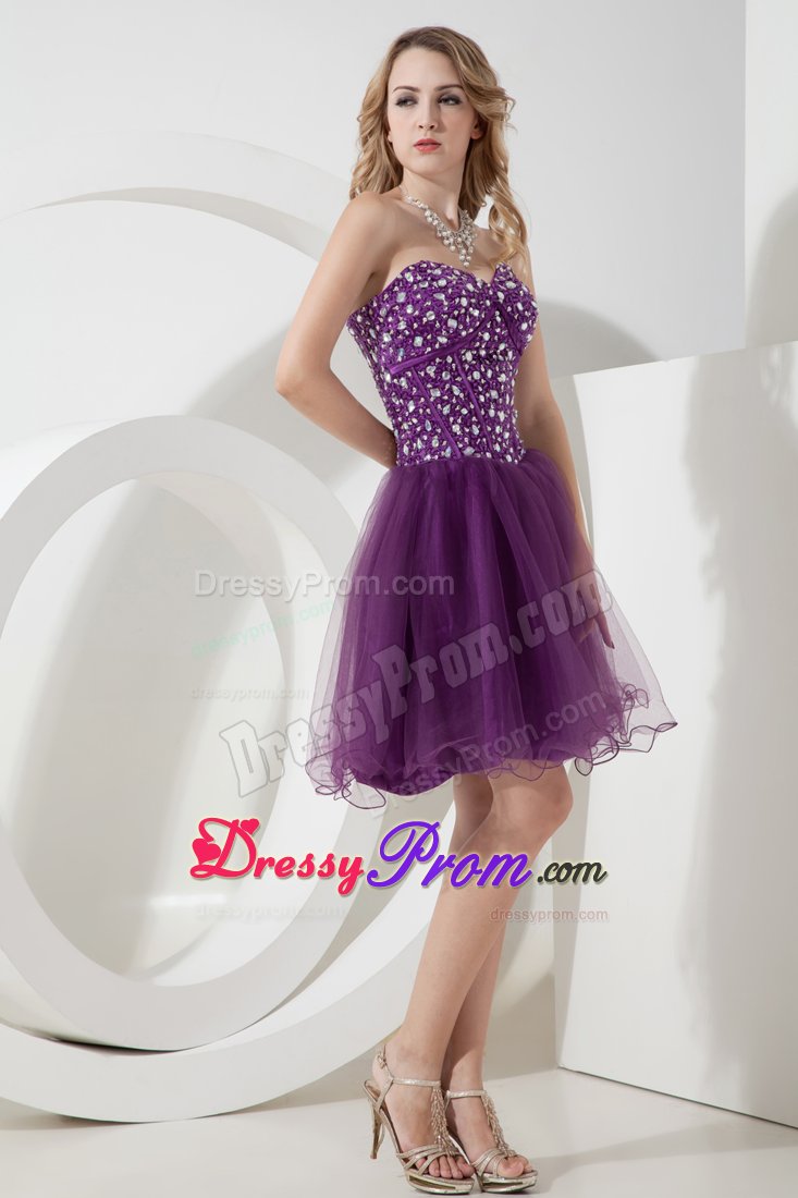 Purple A-line Short Prom Dress with Beading Bodice to Knee-length