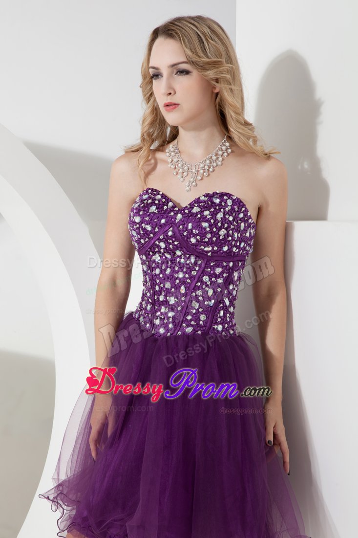 Purple A-line Short Prom Dress with Beading Bodice to Knee-length