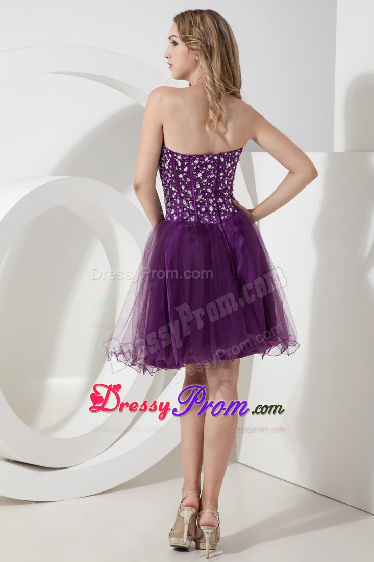 Purple A-line Short Prom Dress with Beading Bodice to Knee-length