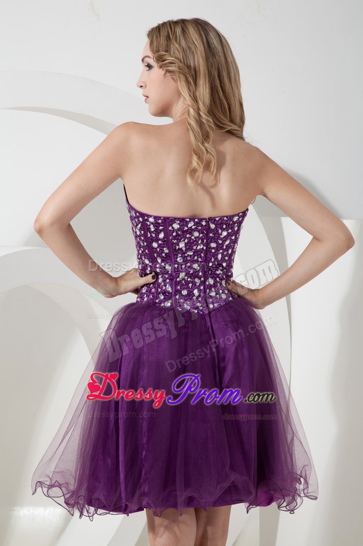 Purple A-line Short Prom Dress with Beading Bodice to Knee-length