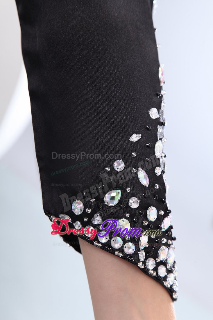 One Shoulder Ruched Rhinestones Black Prom Dress Long Sleeve