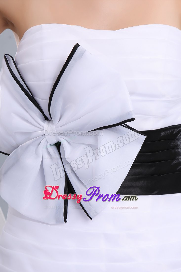 White Bowknot and Black Sash Column Prom Homecoming Dress