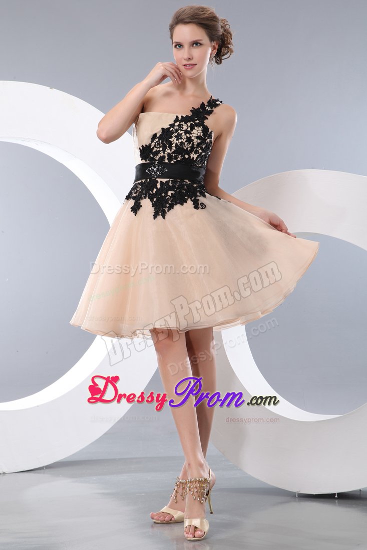 Champagne One Shoulder Prom Gown Dress with Black Appliques