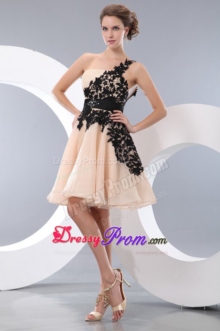 Champagne One Shoulder Prom Gown Dress with Black Appliques