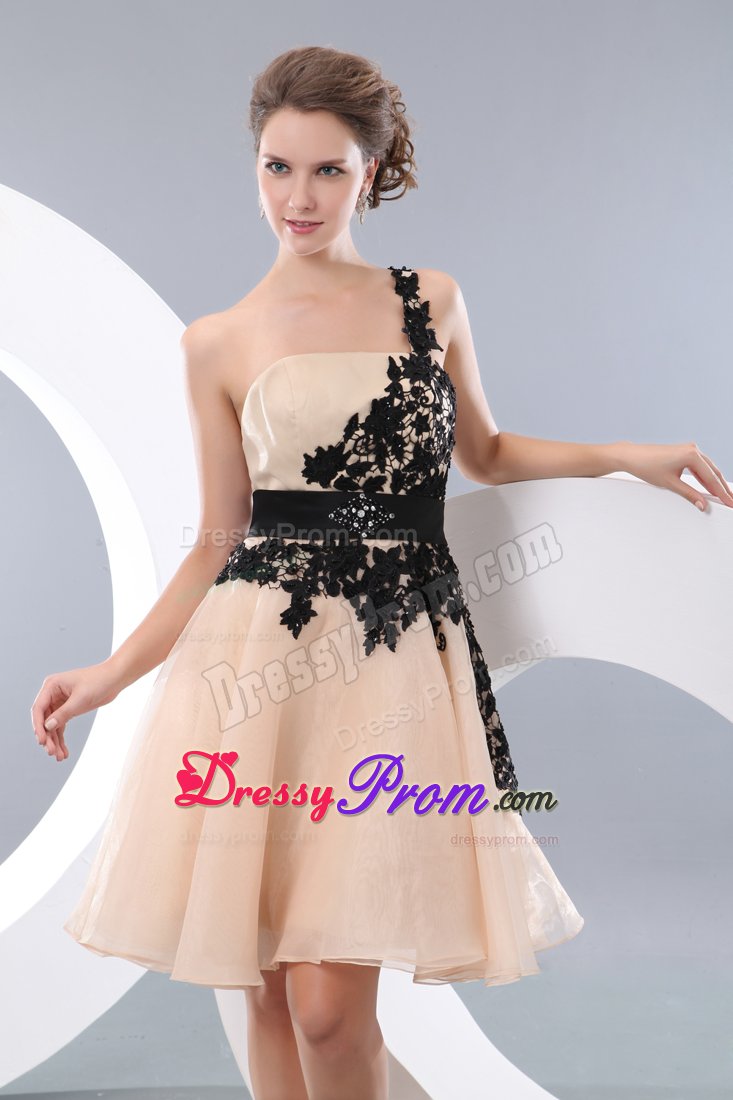 Champagne One Shoulder Prom Gown Dress with Black Appliques