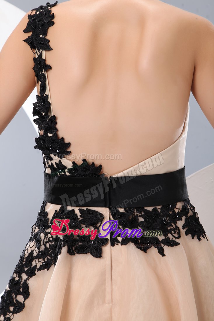 Champagne One Shoulder Prom Gown Dress with Black Appliques